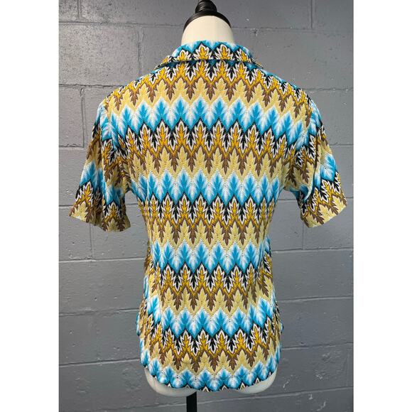 Vintage 60s Psychedelic Chevron Novelty Knit Short Sleeve Shirt Lace Up Med - Picture 9 of 10